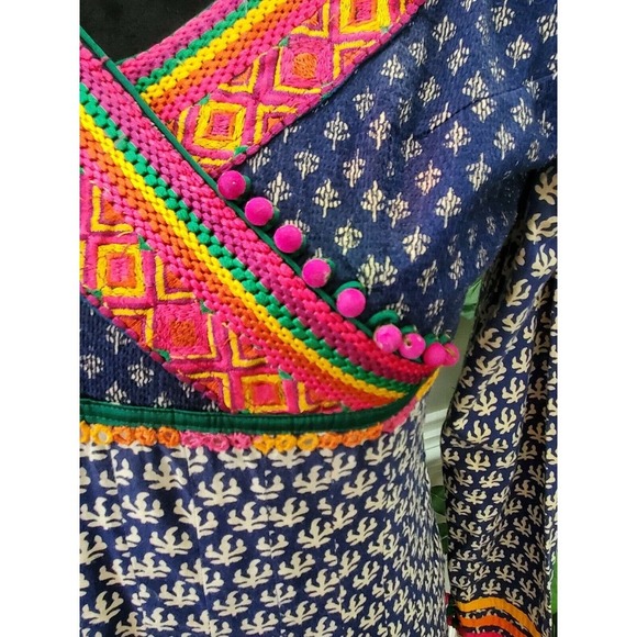 Indian Blue Floral Polyester V-Neck Long Sleeve Knee Length Dress Size Medium - Picture 3 of 11